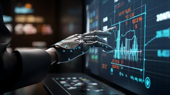robot touching diagrams stock market display on board 