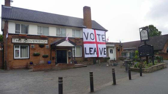 "Vote Leave" flag on the front of a pub in Coventry, UK